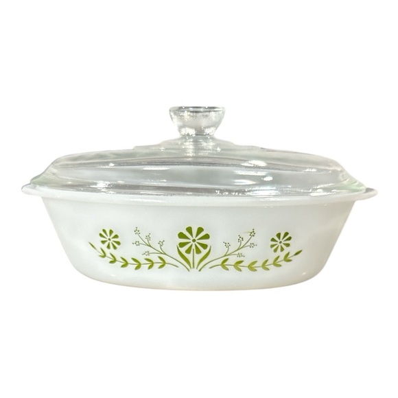 Vintage Ovenware 235 1 Qt 10" Casserole Dish Green Daisy Milk Glass Oval w/ Lid - Picture 3 of 9